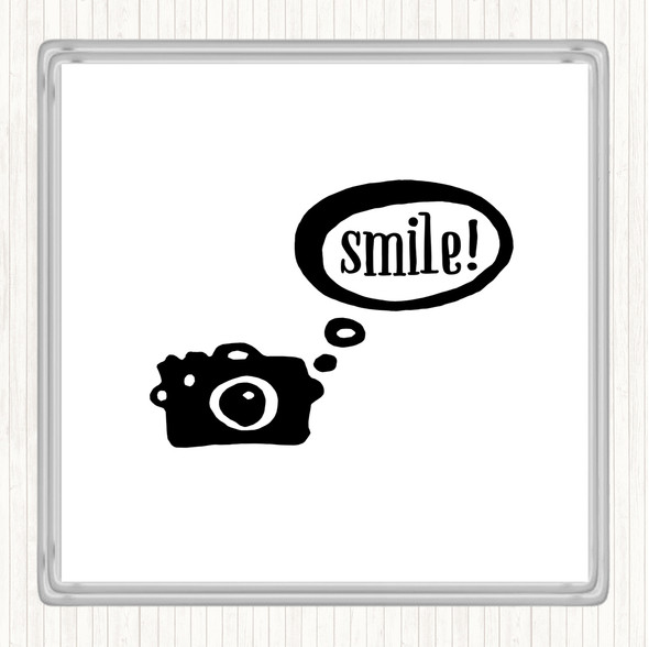 White Black Smile Camera Quote Coaster