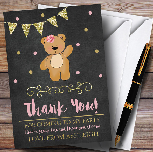Chalk Gold Girls Teddy Bear Party Thank You Cards