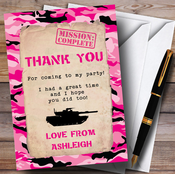 Girls Pink Army Soldier Camouflage Party Thank You Cards