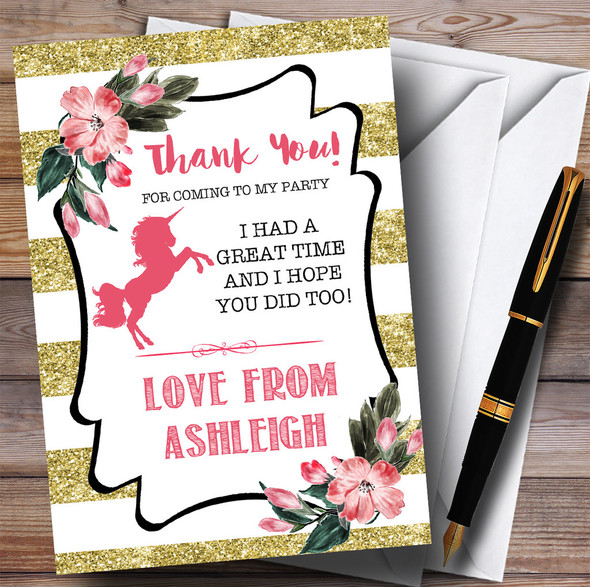 Gold Stripes Unicorn Party Thank You Cards