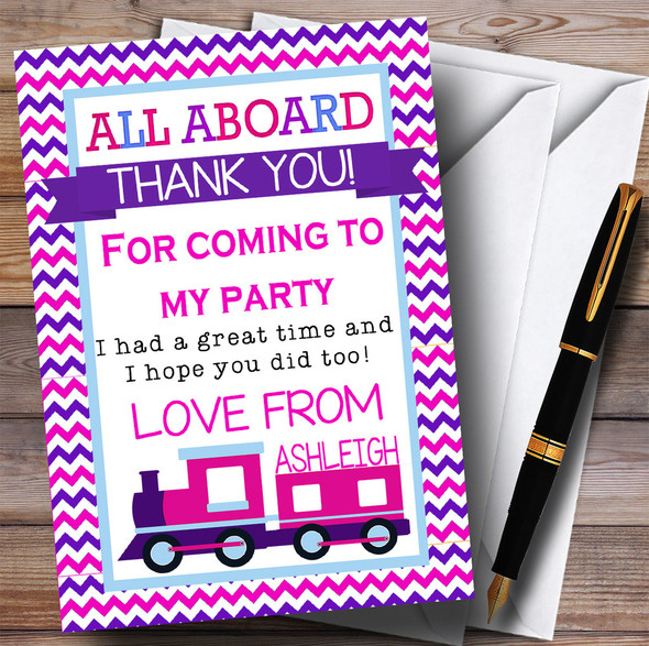 Pink & Purple Chevrons Train Party Thank You Cards