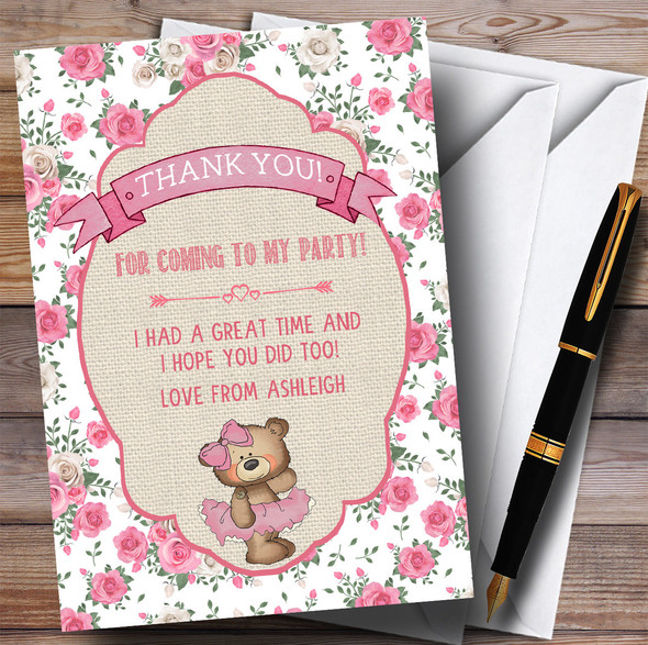 Pink Roses Girls Ballerina Ballet Teddy Party Thank You Cards