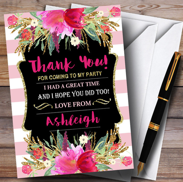 Pink Stripes Gold Floral Girls Party Thank You Cards