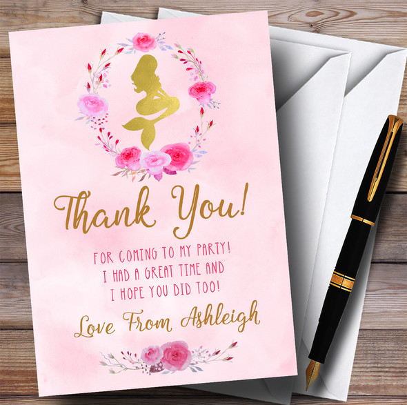 Pink Watercolour Mermaid Girls Party Thank You Cards