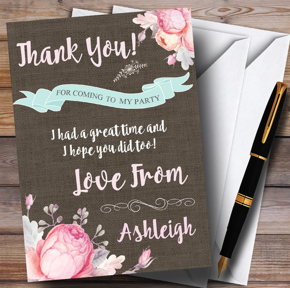 Pretty Floral Burlap Girls Party Thank You Cards