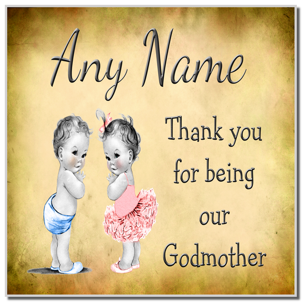 Vintage Baby Twin Boy & Girl Godmother Thank You Coaster