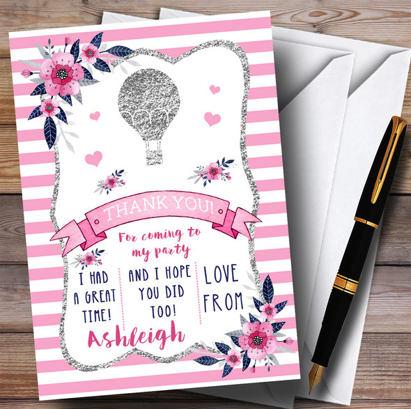 Silver & Pink Hot Air Balloon Party Thank You Cards