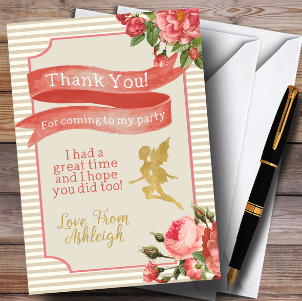 Stripy Floral Pink Gold Fairy Party Thank You Cards