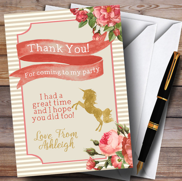Stripy Floral Pink Gold Unicorn Party Thank You Cards
