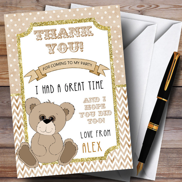 Teddy Bear Glitter Gold Party Thank You Cards