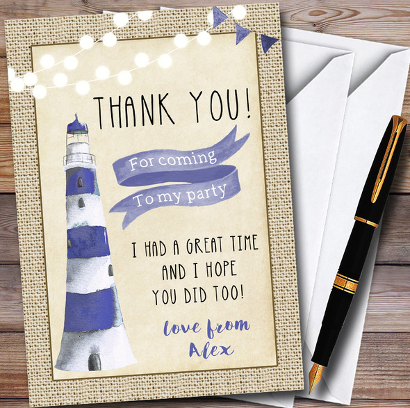 Burlap Nautical Lighthouse Boys Customised Party Thank You Cards