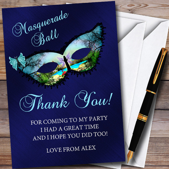 Butterfly Blue Masquerade Ball Customised Party Thank You Cards
