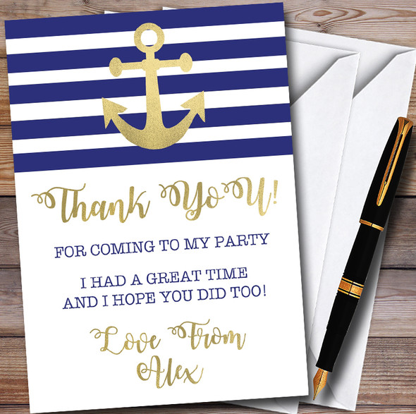 Gold Blue & White Nautical Anchor Customised Party Thank You Cards