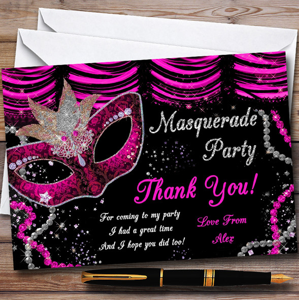 Pink & Black Mask Masquerade Ball Customised Party Thank You Cards