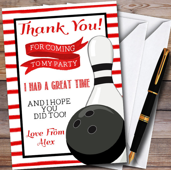 Red Stripe Bowling Ball & Pin Customised Party Thank You Cards