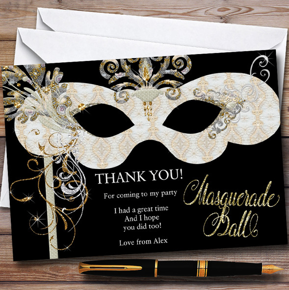 White & Gold Masquerade Ball Customised Party Thank You Cards