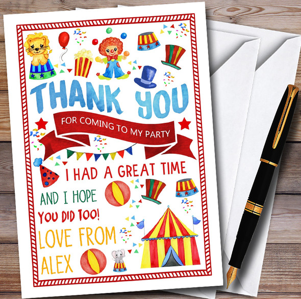 Kids Circus Carnival Clown Customised Children's Birthday Party Thank You Cards