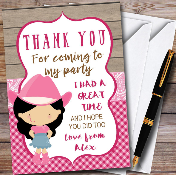 Pink Western Cute Cowgirl Customised Children's Birthday Party Thank You Cards