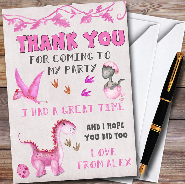 Watercolour Pink Dinosaur Customised Children's Birthday Party Thank You Cards