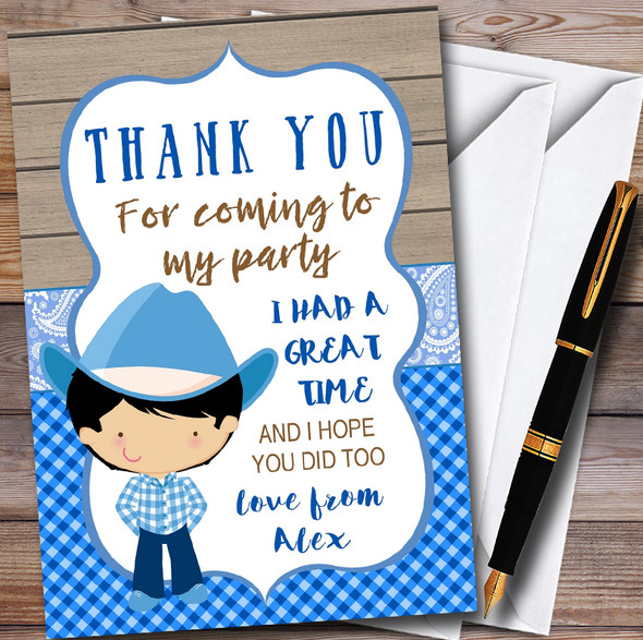 Blue Western Cute Cowboy Customised Children's Birthday Party Thank You Cards