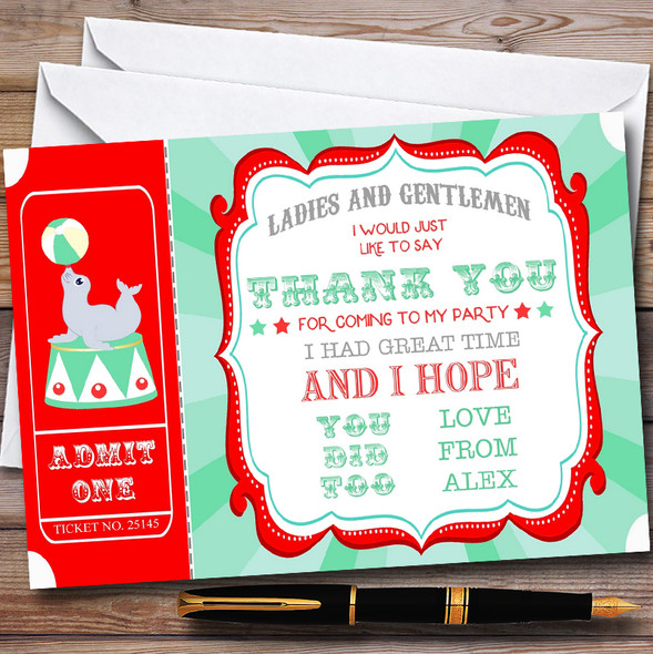 Red & Green Red Circus Customised Children's Birthday Party Thank You Cards
