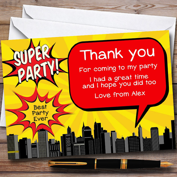 Yellow Comic Superhero Customised Children's Birthday Party Thank You Cards