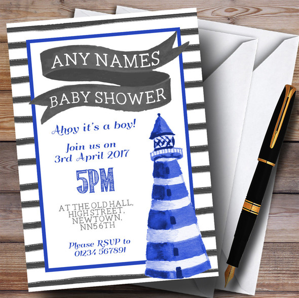 Blue & White Nautical Lighthouse Invitations Baby Shower Invitations