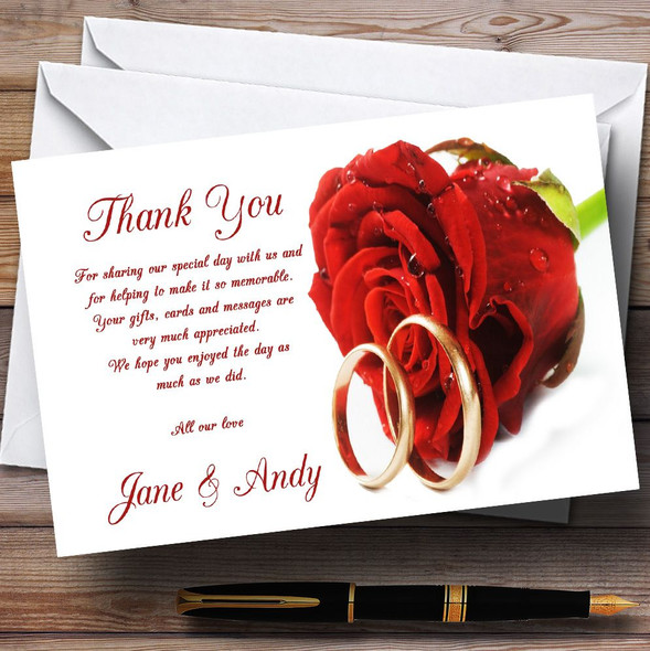 Red Romantic Rose Wedding Rings Customised Wedding Thank You Cards