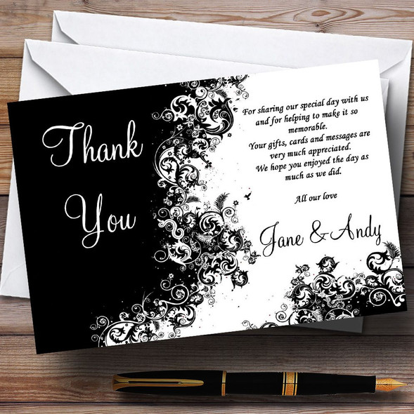 Black White Swirls Customised Wedding Thank You Cards