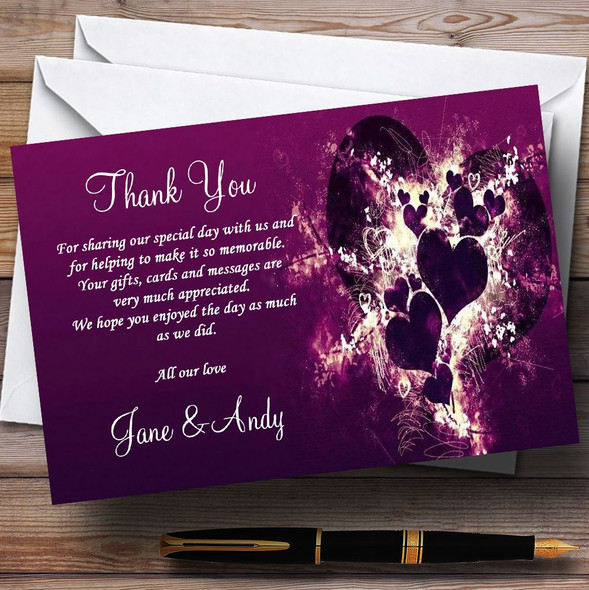 Purple Hearts Romantic Customised Wedding Thank You Cards