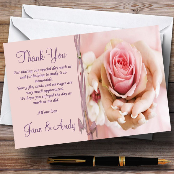 Pink Lilac Wedding Flower In Hand Customised Wedding Thank You Cards