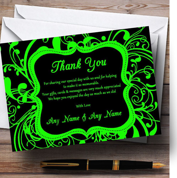 Black & Green Swirl Deco Customised Wedding Thank You Cards