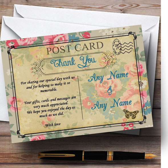 Blue Floral Vintage Paris Shabby Chic Postcard Customised Thank You Cards