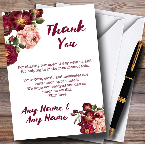 Blush Coral Pink & Deep Red Watercolour Rose Customised Thank You Cards