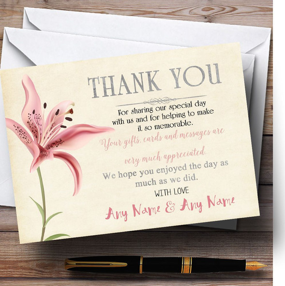Coral Pink Lily Vintage Customised Wedding Thank You Cards