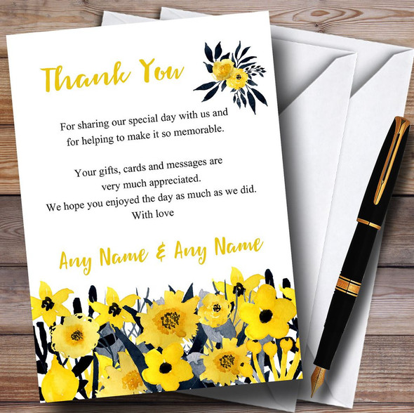 Black & Yellow Watercolour Flowers Customised Wedding Thank You Cards