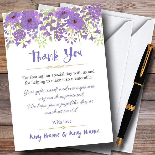 Watercolour Floral Purple Customised Wedding Thank You Cards