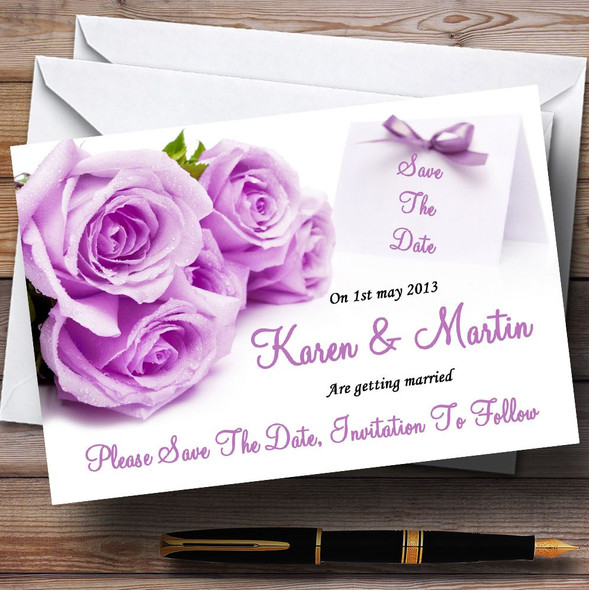 Beautiful Lilac / Purple Rose Customised Wedding Save The Date Cards
