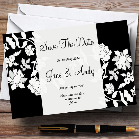 Black And White Floral Flower Customised Wedding Save The Date Cards