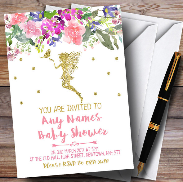 Floral Gold Fairy Invitations Baby Shower Invitations