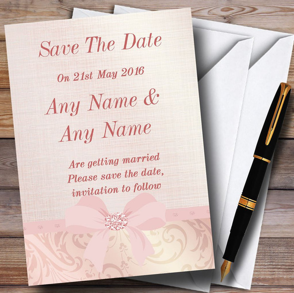 Pretty Pale Coral Pink Damask Bow Wedding Save The Date Cards