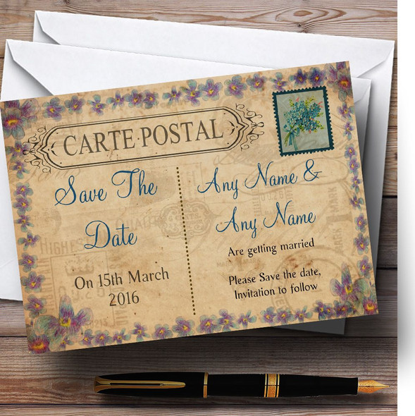 Shabby Chic Vintage Postcard Rustic Blue Stamp Customised Wedding Save The Date Cards