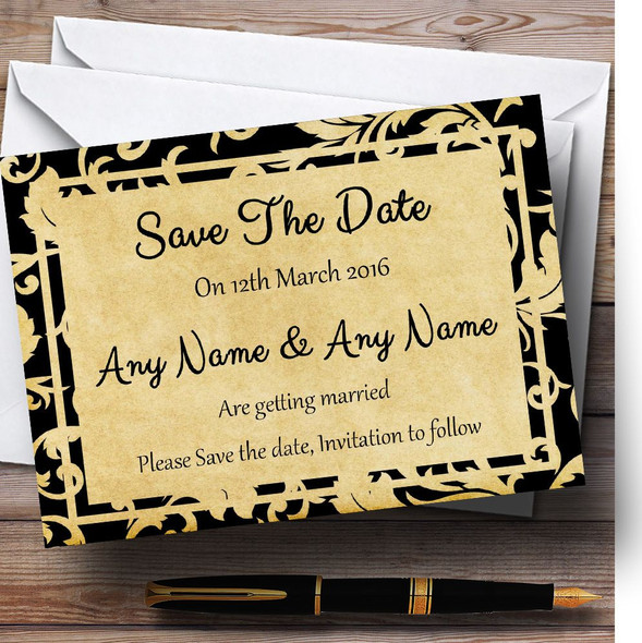 Vintage Black Damask Postcard Style Customised Wedding Save The Date Cards