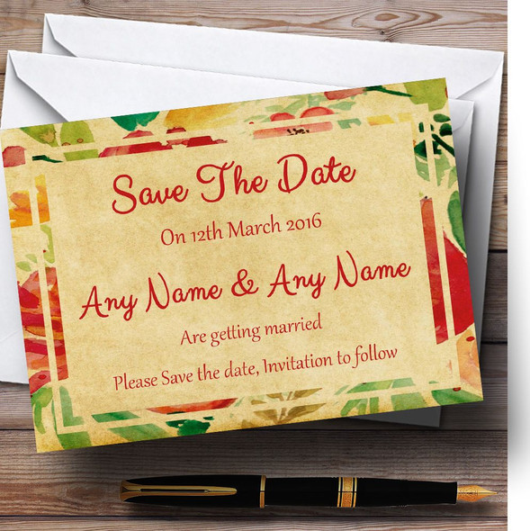 Vintage Pink Yellow Flowers Postcard Style Customised Wedding Save The Date Cards