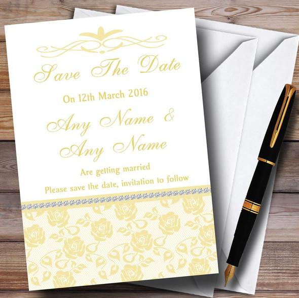 Pretty Pale Yellow Floral Diamante Customised Wedding Save The Date Cards