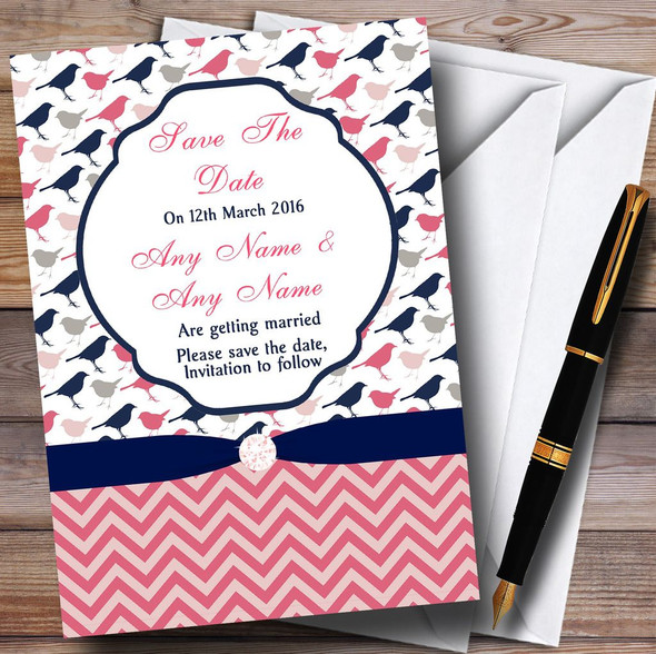 Coral Pink & Navy Blue Shabby Chic Birds Customised Wedding Save The Date Cards