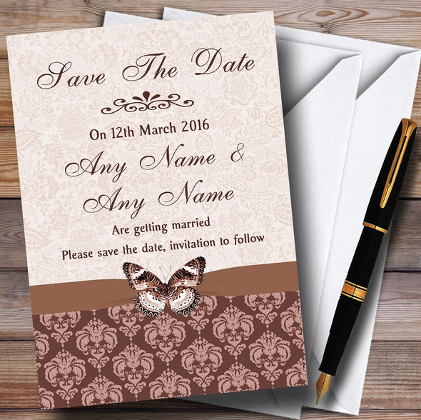 Brown Fawn Beige Vintage Floral Damask Butterfly Customised Wedding Save The Date Cards