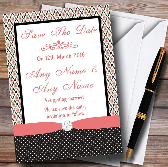 Coral Pink Rose Shabby Chic Black Polkadot Customised Wedding Save The Date Cards