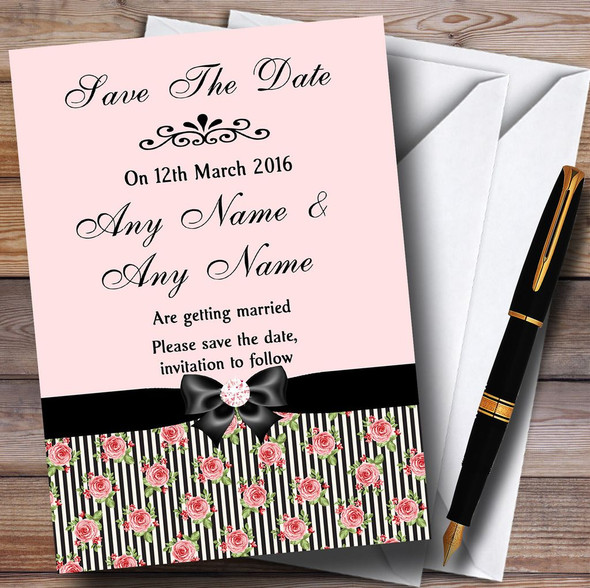 Coral Pink Rose Shabby Chic Black Stripes Customised Wedding Save The Date Cards