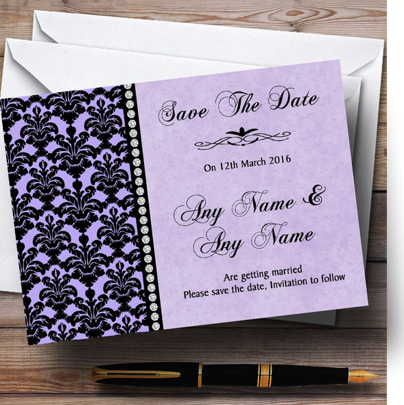 Lilac Purple Black Damask & Diamond Customised Wedding Save The Date Cards